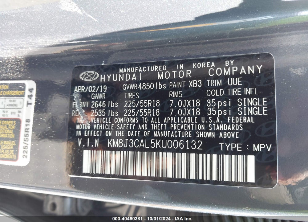 2019 HYUNDAI TUCSON SEL VIN: KM8J3CAL5KU006132