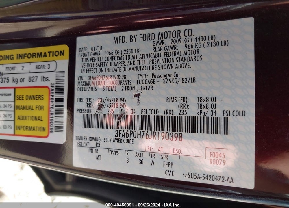 2018 FORD FUSION SE VIN: 3FA6P0H76JR190398