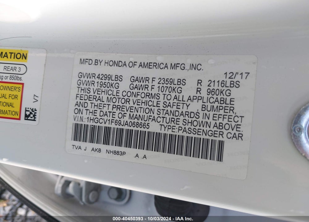 2018 HONDA ACCORD EX-L VIN: 1HGCV1F69JA068665