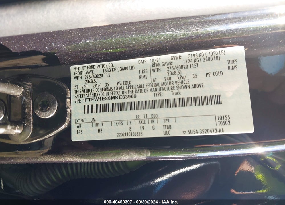 2021 FORD F150 VIN: 1FTFW1E88MKE83969