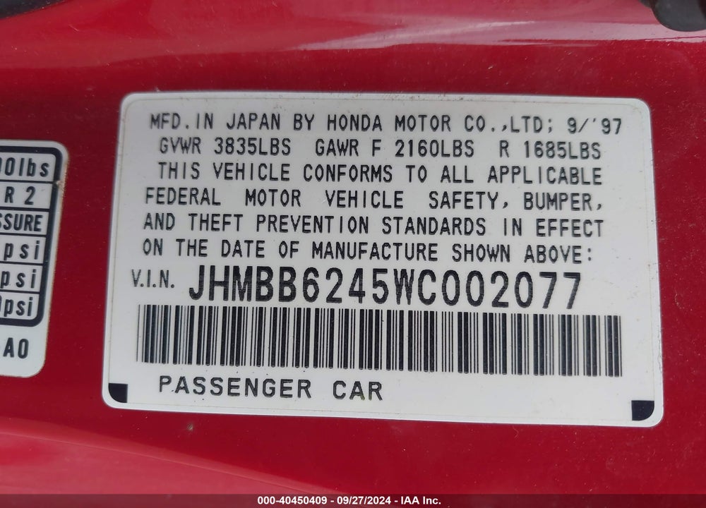 1998 HONDA PRELUDE VIN: JHMBB6245WC002077