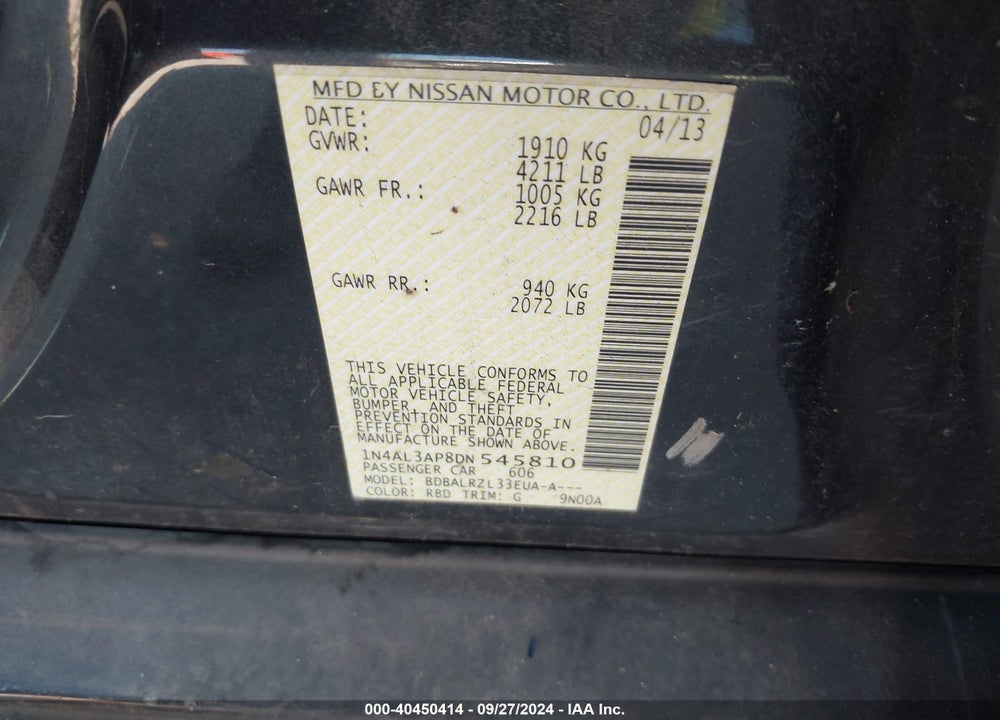 2013 NISSAN ALTIMA 2.5 S VIN: 1N4AL3AP8DN545810