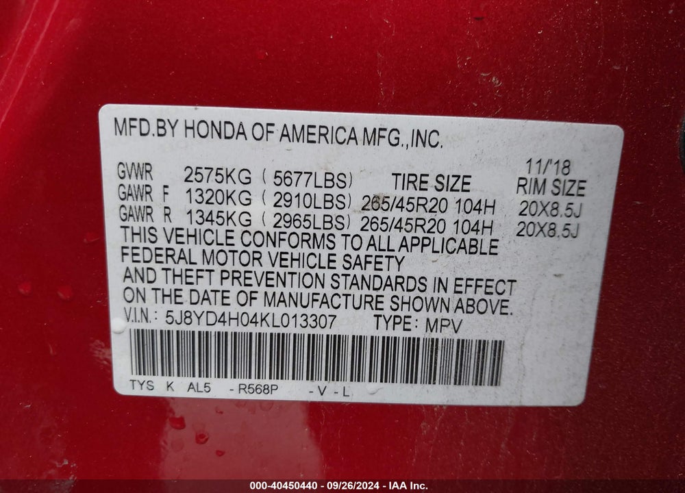 2019 ACURA MDX VIN: 5J8YD4H04KL013307