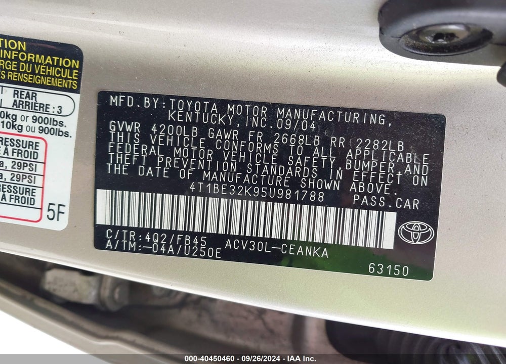 2005 TOYOTA CAMRY LE VIN: 4T1BE32K95U981788