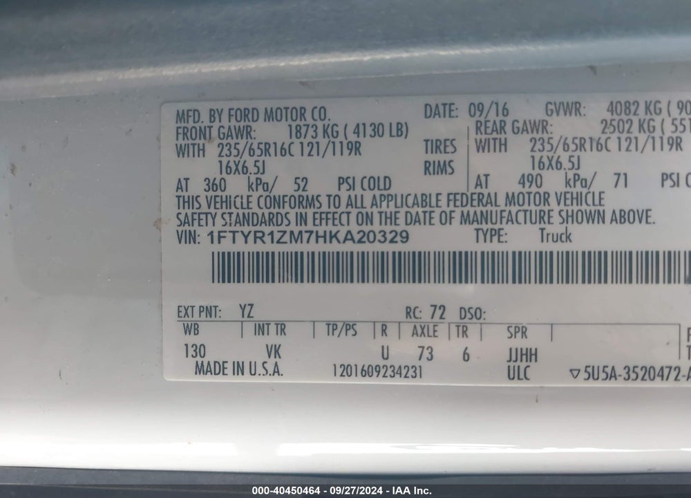 2017 FORD TRANSIT-250 VIN: 1FTYR1ZM7HKA20329