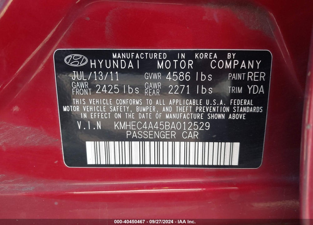 2011 HYUNDAI SONATA HYBRID VIN: KMHEC4A45BA012529