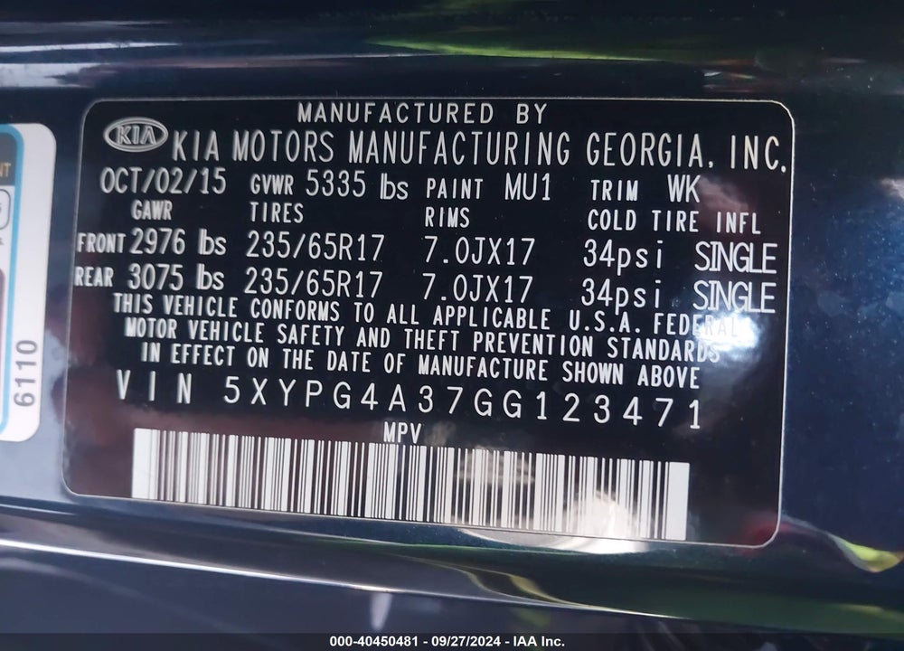 2016 KIA SORENTO 2.4L LX VIN: 5XYPG4A37GG123471