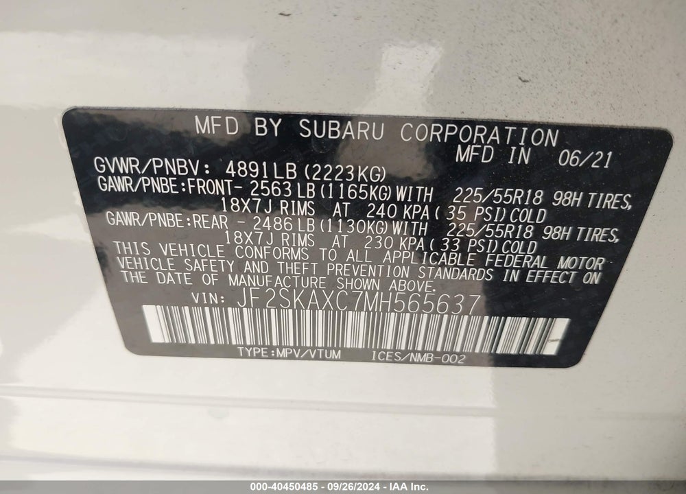 2021 SUBARU FORESTER TOURING VIN: JF2SKAXC7MH565637