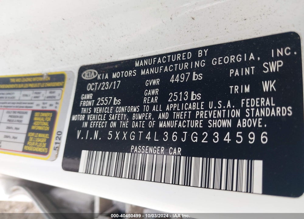 2018 KIA OPTIMA LX VIN: 5XXGT4L36JG234596