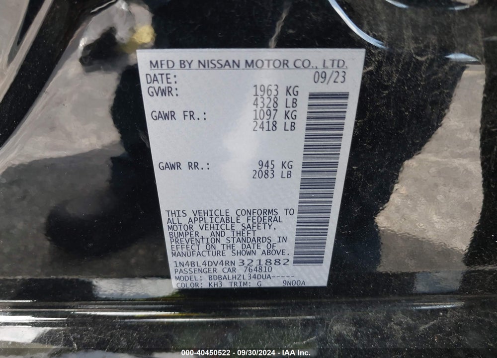 2024 NISSAN ALTIMA SV FWD VIN: 1N4BL4DV4RN321882