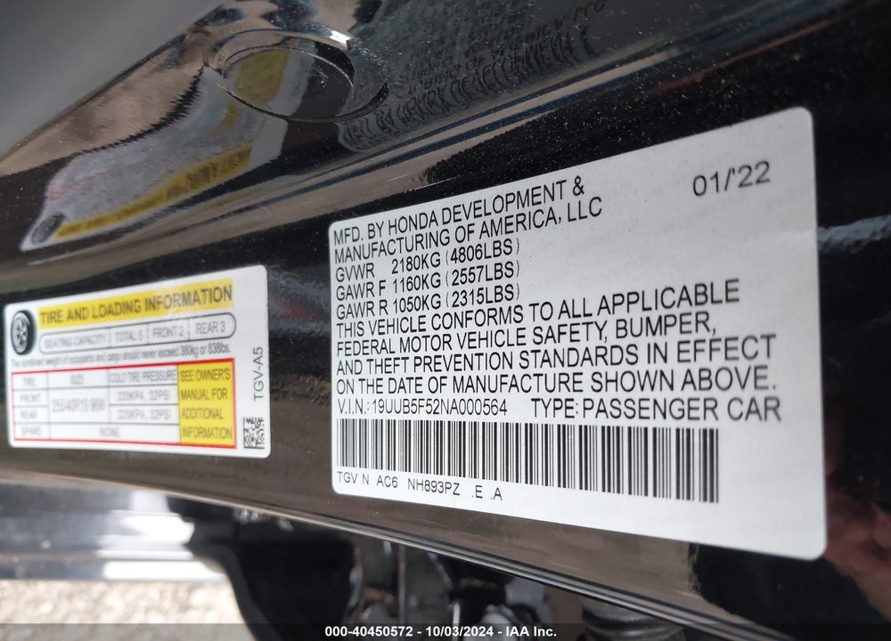 2022 ACURA TLX VIN: 19UUB5F52NA000564
