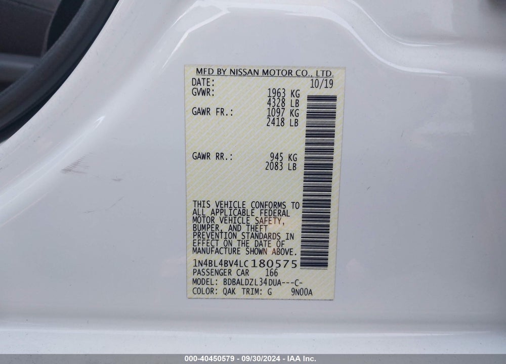 2020 NISSAN ALTIMA S FWD VIN: 1N4BL4BV4LC180575