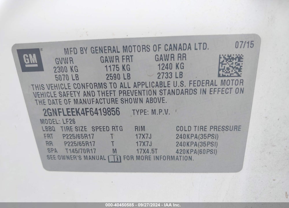 2015 CHEVROLET EQUINOX LS VIN: 2GNFLEEK4F6419856