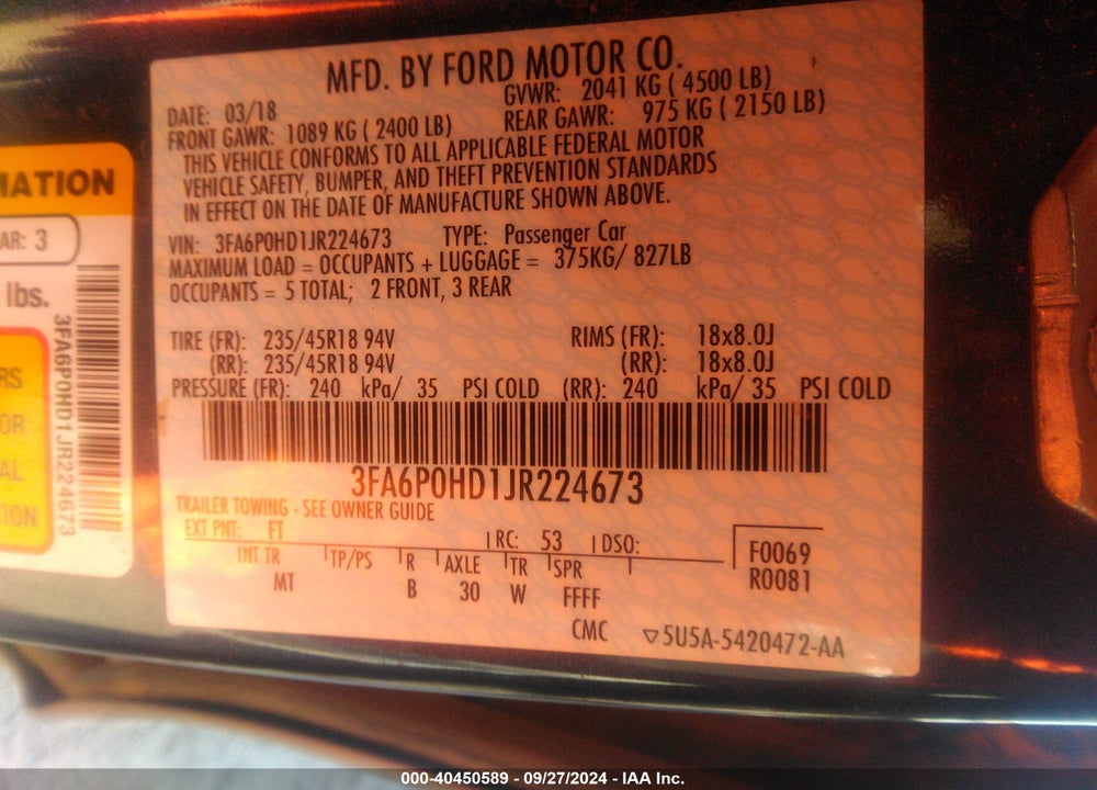 2018 FORD FUSION SE VIN: 3FA6P0HD1JR224673
