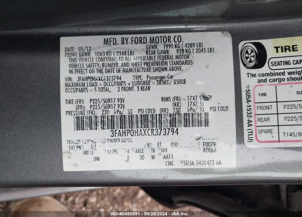 2012 FORD FUSION SE VIN: 3FAHP0HAXCR373794