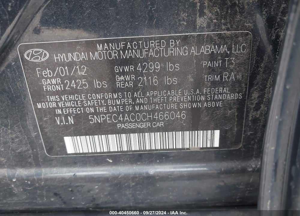 2012 HYUNDAI SONATA LIMITED VIN: 5NPEC4AC0CH466046