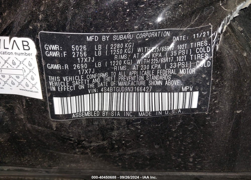 2022 SUBARU OUTBACK WILDERNESS VIN: 4S4BTGUD9N3166427