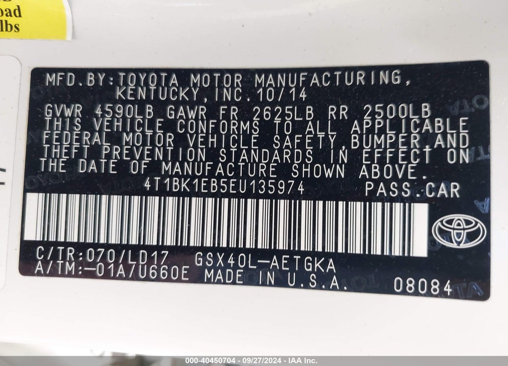 2014 TOYOTA AVALON XLE VIN: 4T1BK1EB5EU135974