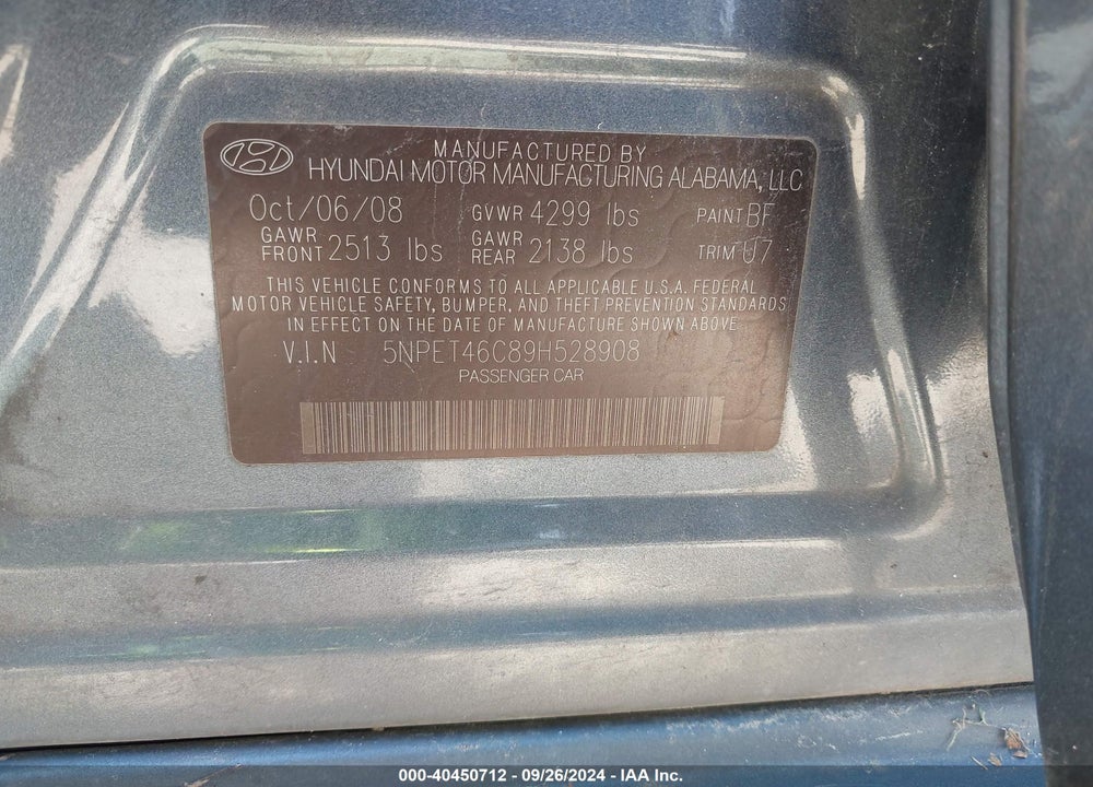 2009 HYUNDAI SONATA GLS VIN: 5NPET46C89H528908