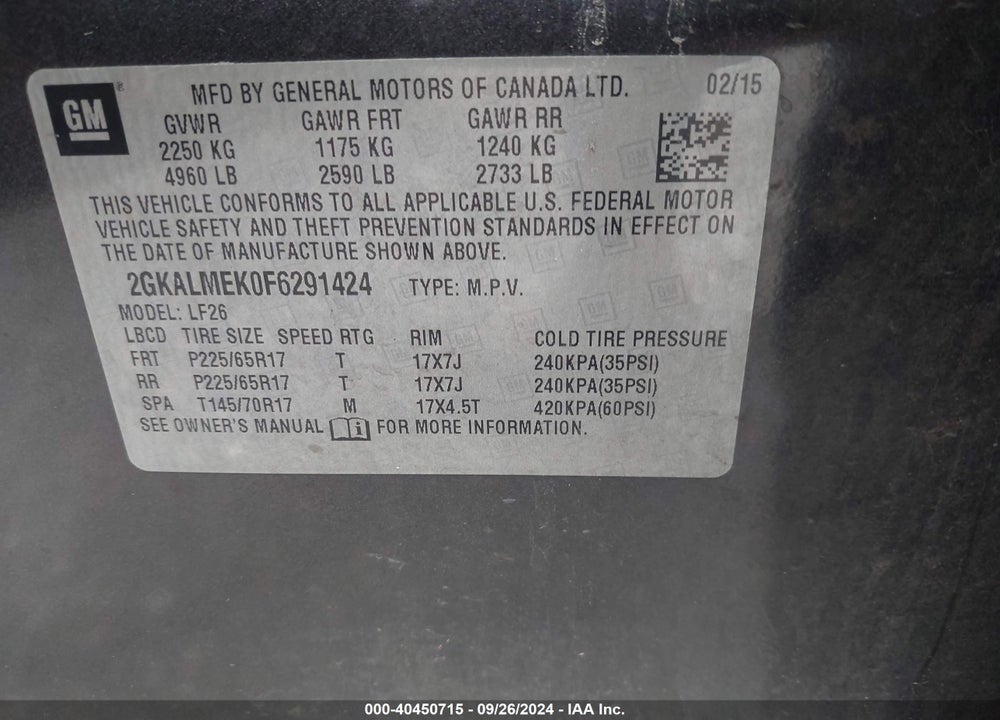 2015 GMC TERRAIN SLE-1 VIN: 2GKALMEK0F6291424