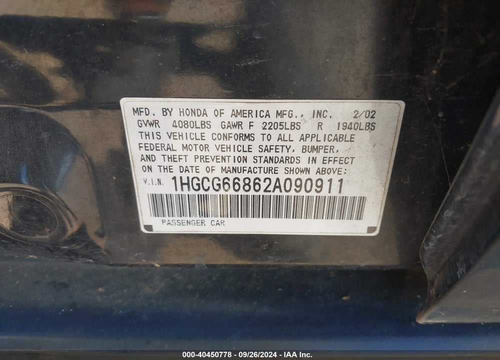 2002 HONDA ACCORD 2.3 EX/2.3 SE VIN: 1HGCG66862A090911