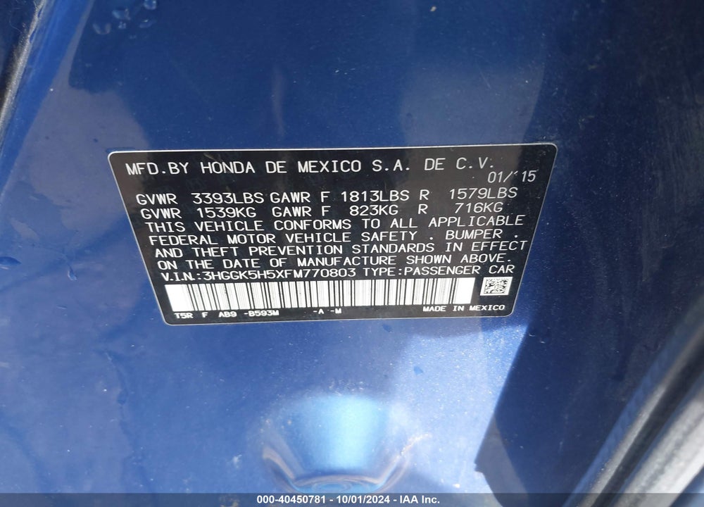 2015 HONDA FIT LX VIN: 3HGGK5H5XFM770803