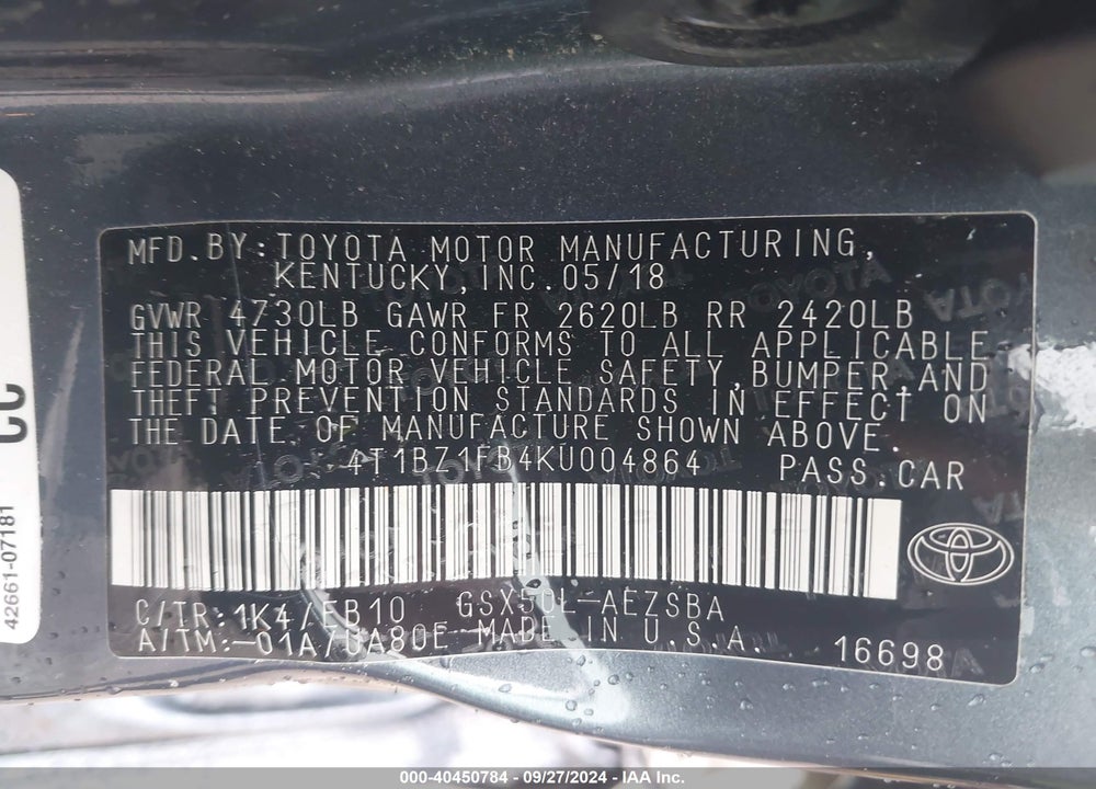 2019 TOYOTA AVALON TOURING VIN: 4T1BZ1FB4KU004864