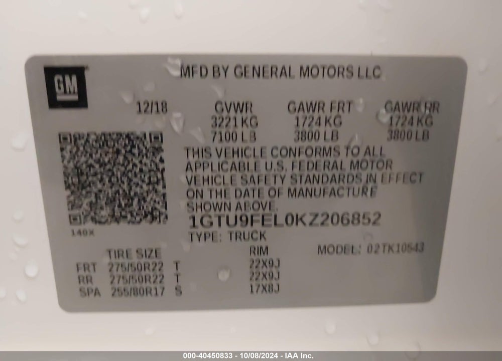 2019 GMC SIERRA 1500 DENALI VIN: 1GTU9FEL0KZ206852