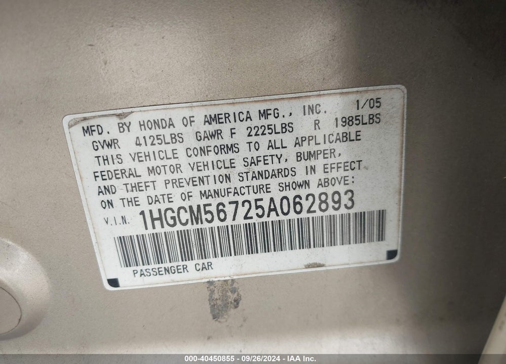 2005 HONDA ACCORD 2.4 EX VIN: 1HGCM56725A062893