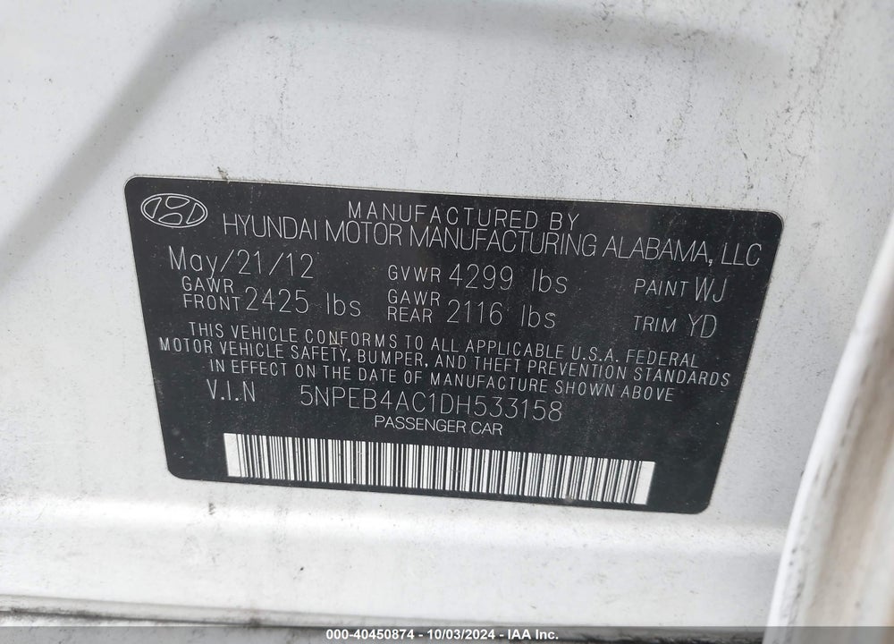 2013 HYUNDAI SONATA GLS VIN: 5NPEB4AC1DH533158