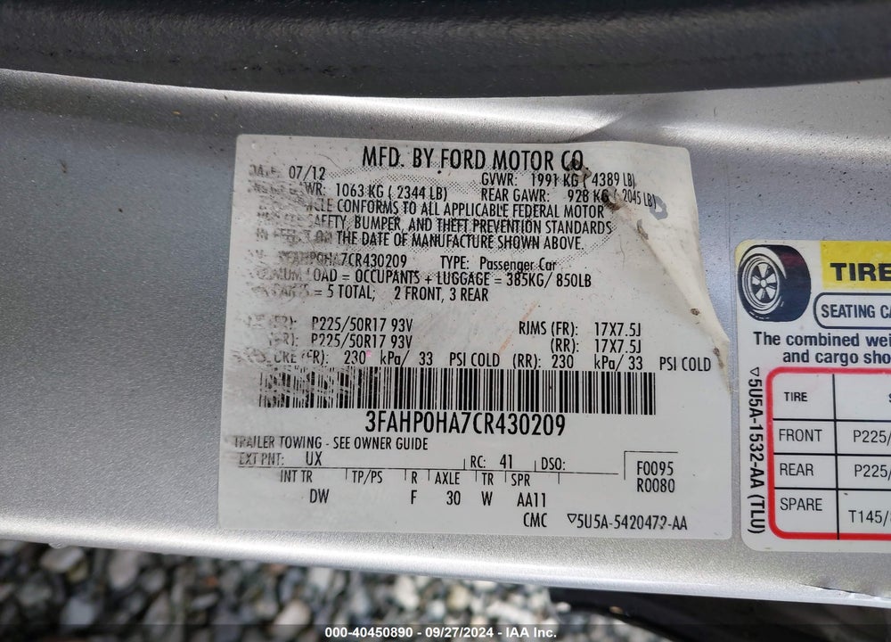 2012 FORD FUSION SE VIN: 3FAHP0HA7CR430209
