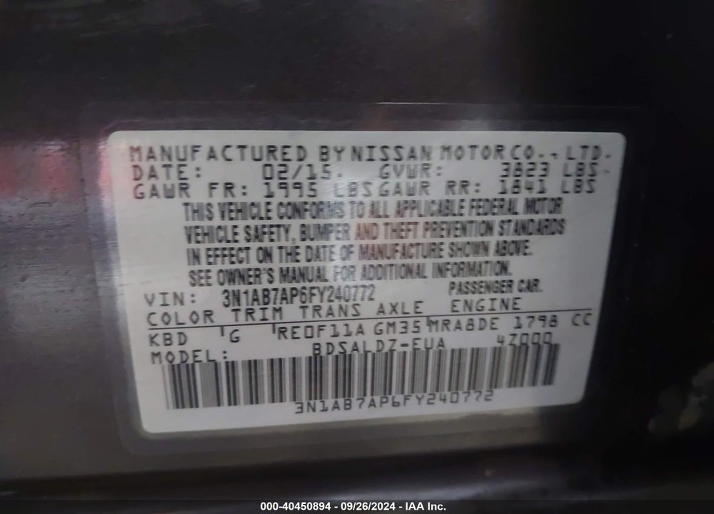 2015 NISSAN SENTRA SV VIN: 3N1AB7AP6FY240772