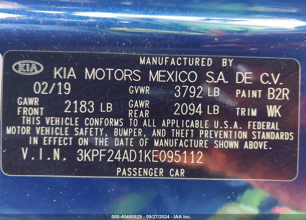 2019 KIA FORTE LXS VIN: 3KPF24AD1KE095112