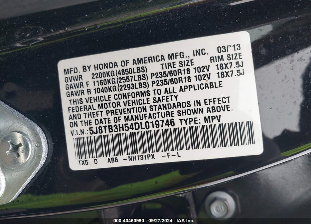 2013 ACURA RDX VIN: 5J8TB3H54DL019746
