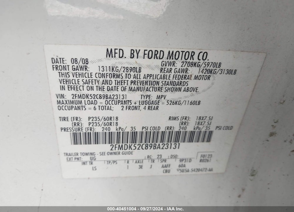 2009 FORD FLEX SEL VIN: 2FMDK52C89BA23131