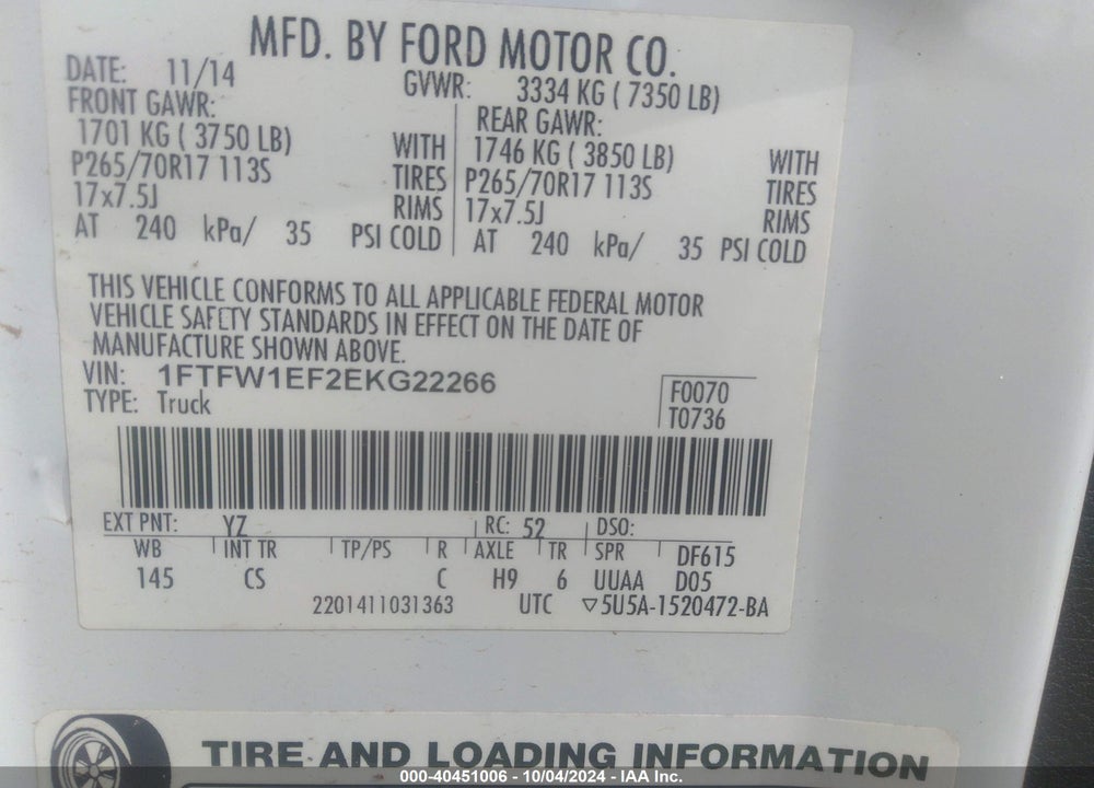 2014 FORD F-150 XL VIN: 1FTFW1EF2EKG22266