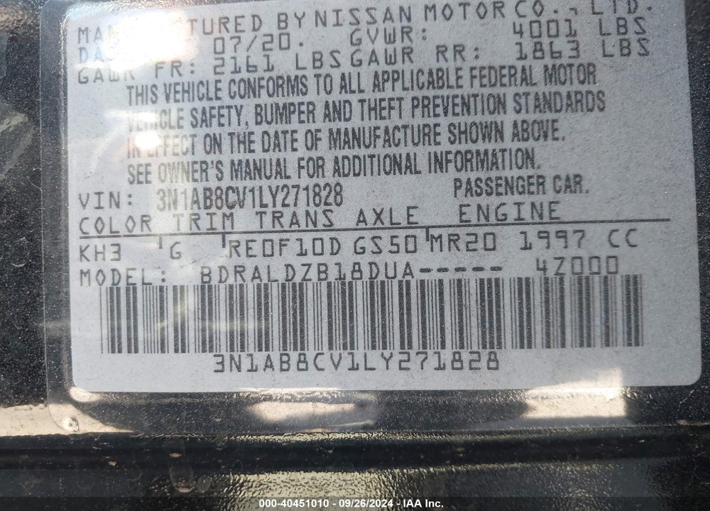 2020 NISSAN SENTRA SV XTRONIC CVT VIN: 3N1AB8CV1LY271828