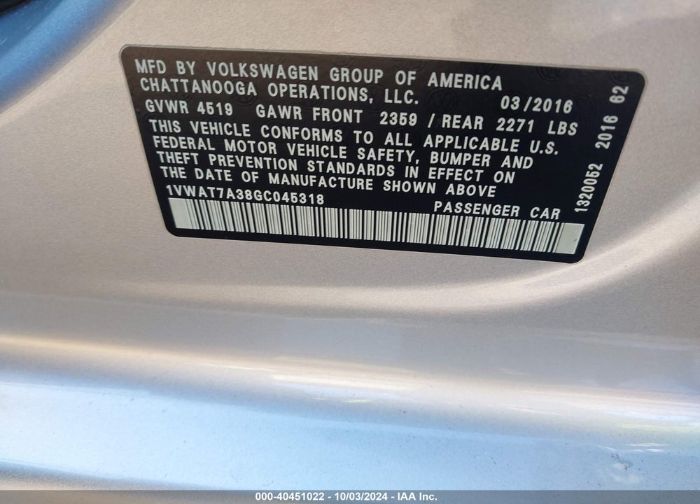 2016 VOLKSWAGEN PASSAT 1.8T R-LINE VIN: 1VWAT7A38GC045318