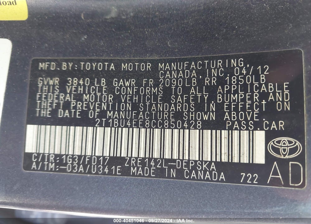 2012 TOYOTA COROLLA S VIN: 2T1BU4EE8CC850428