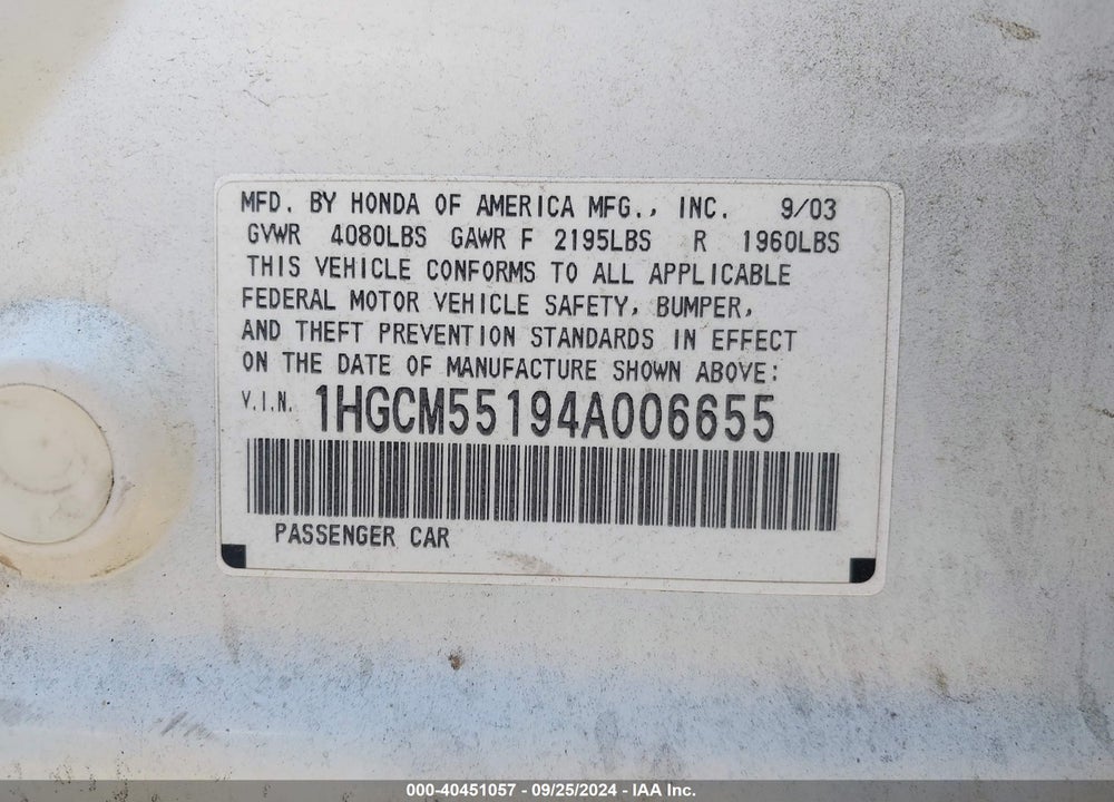 2004 HONDA ACCORD 2.4 DX VIN: 1HGCM55194A006655