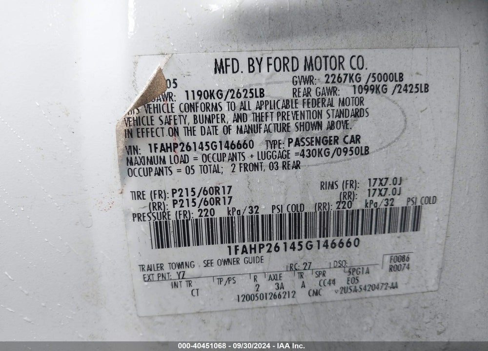2005 FORD FIVE HUNDRED SE VIN: 1FAHP26145G146660