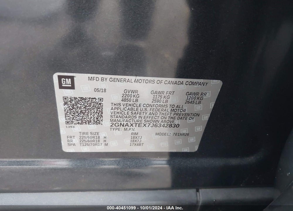 2018 CHEVROLET EQUINOX LT VIN: 2GNAXTEX7J6342830
