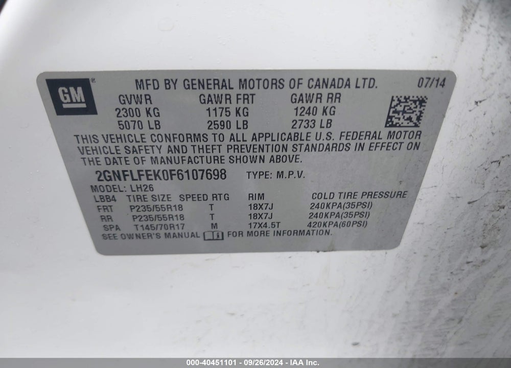 2015 CHEVROLET EQUINOX 1LT VIN: 2GNFLFEK0F6107698