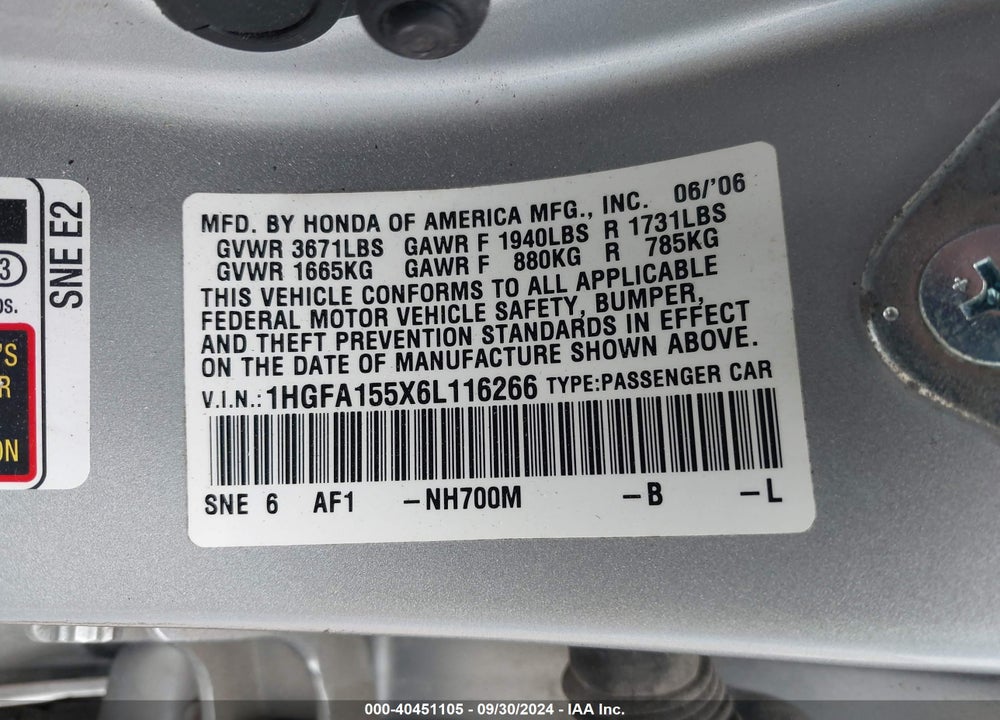 2006 HONDA CIVIC LX VIN: 1HGFA155X6L116266