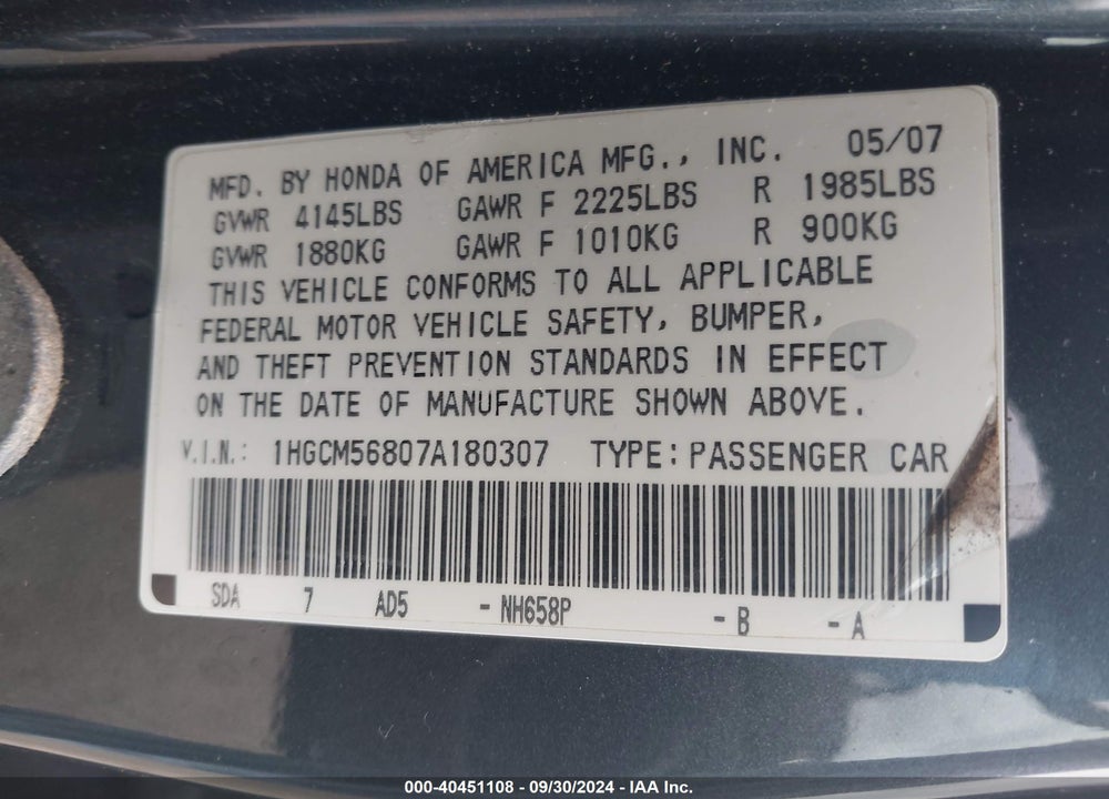 2007 HONDA ACCORD 2.4 EX VIN: 1HGCM56807A180307