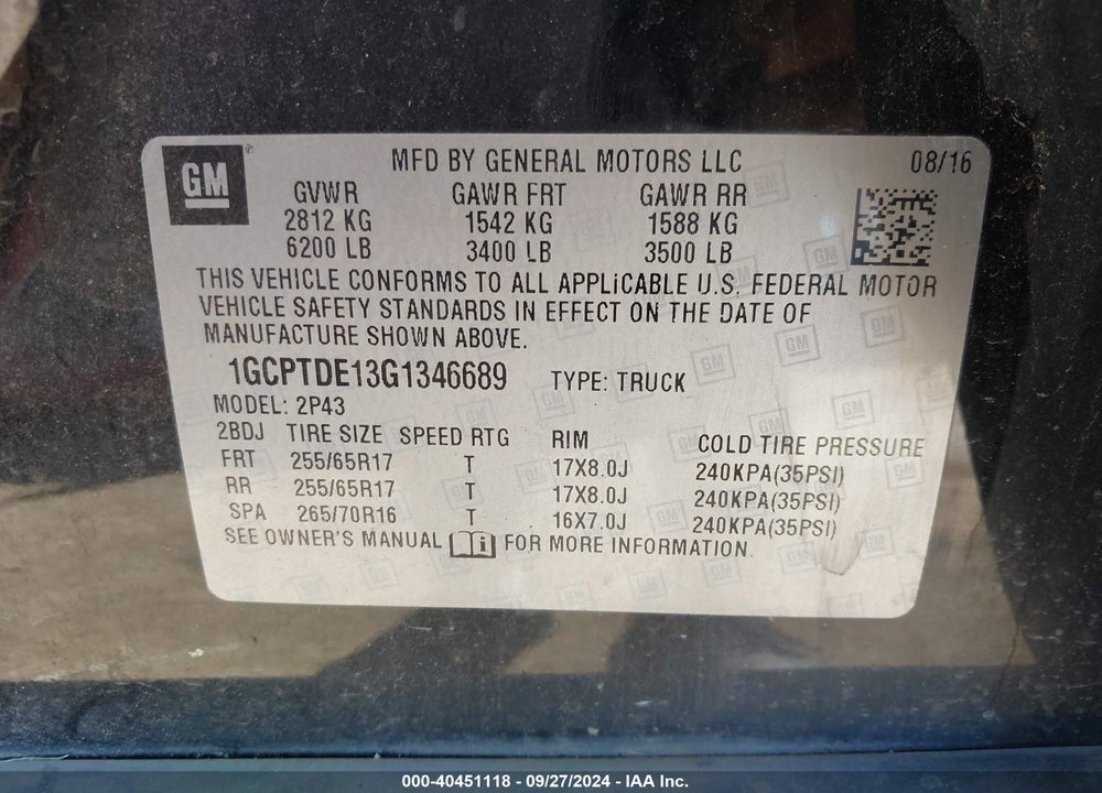 2016 CHEVROLET COLORADO Z71 VIN: 1GCPTDE13G1346689