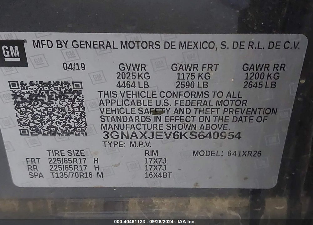 2019 CHEVROLET EQUINOX LT VIN: 3GNAXJEV6KS640954