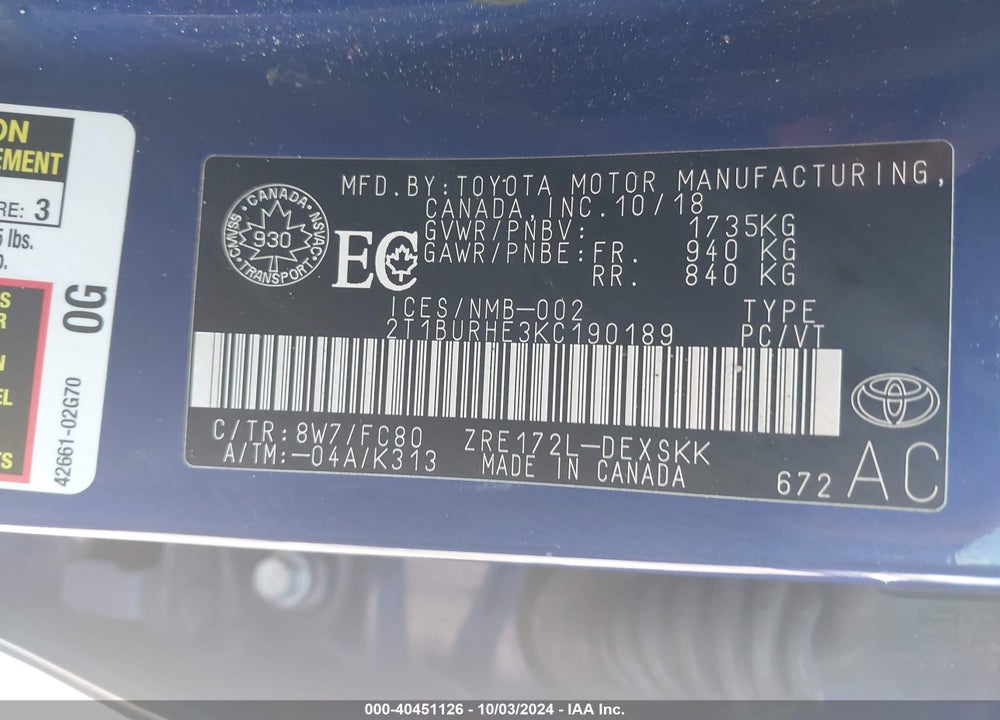 2019 TOYOTA COROLLA SE VIN: 2T1BURHE3KC190189