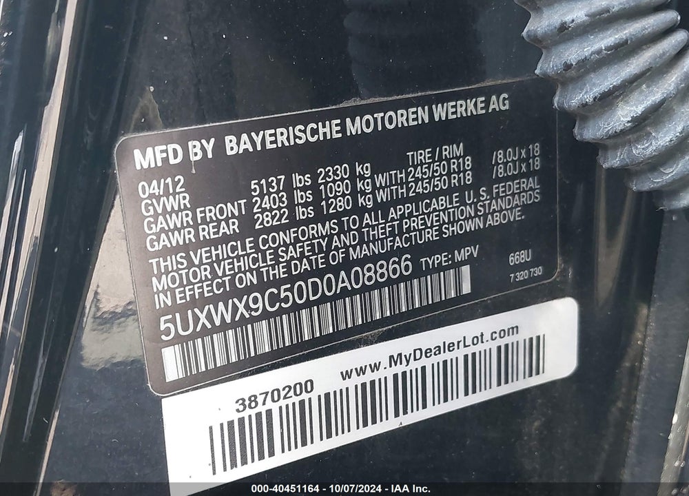 2013 BMW X3 XDRIVE28I VIN: 5UXWX9C50D0A08866