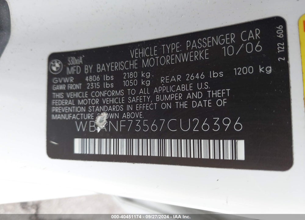 2007 BMW 530XI VIN: WBANF73567CU26396